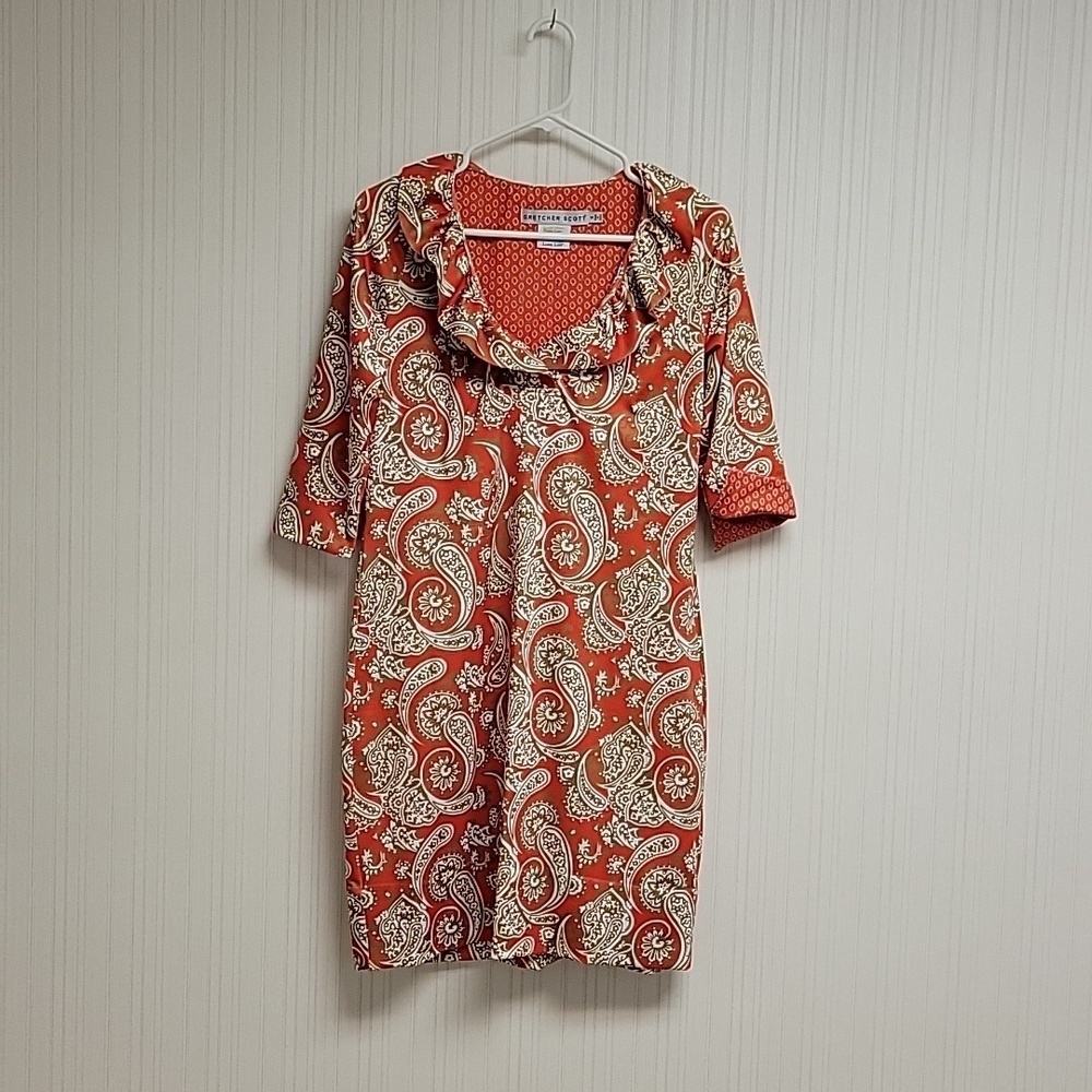 Gretchen Scott Gripeless Red Paisley 3/4 Sleeve Dress Small Resort Coastal Grand